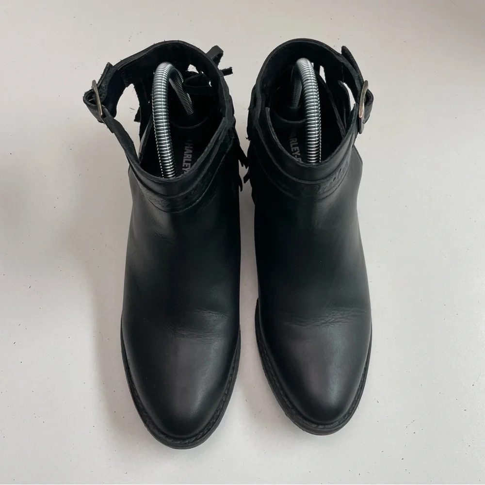 Harley Davidson Boots Amory Heeled Leather Ankle Fringe Buckle Braided Black - Picture 4 of 16